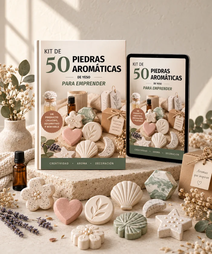Libro y tablet del Kit de 50 Piedras Aromáticas de Yeso rodeados de piezas artesanales