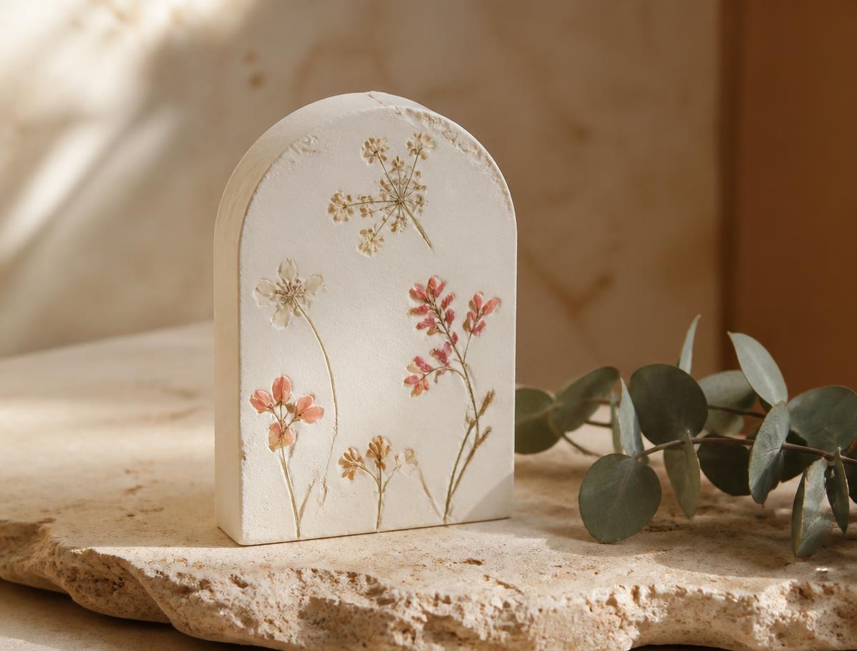 Piedra aromática de yeso en forma de arco con flores secas