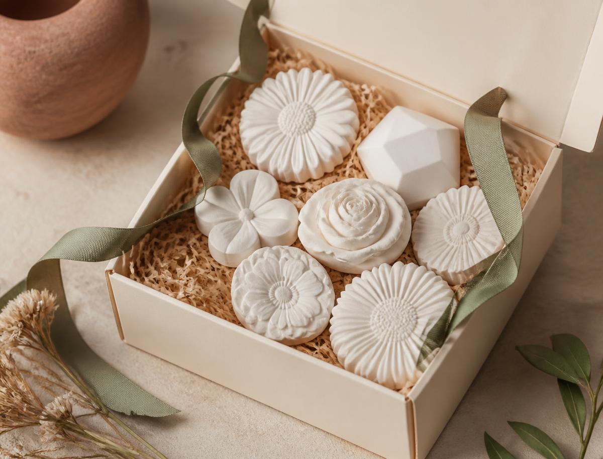 Caja de regalo con piedras aromáticas de yeso en diseños florales